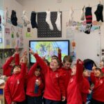 Students looking up at socks