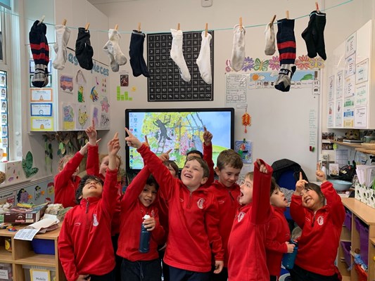 Students looking up at socks