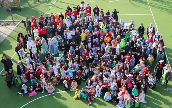 crowd of teachers and students
